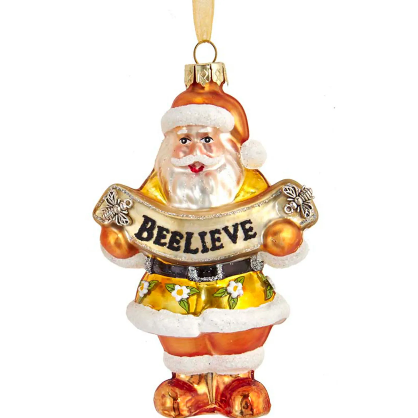 Kurt Adler 4.5" Gold And White Santa With Bee Banner Glass Christmas Ornament T2707