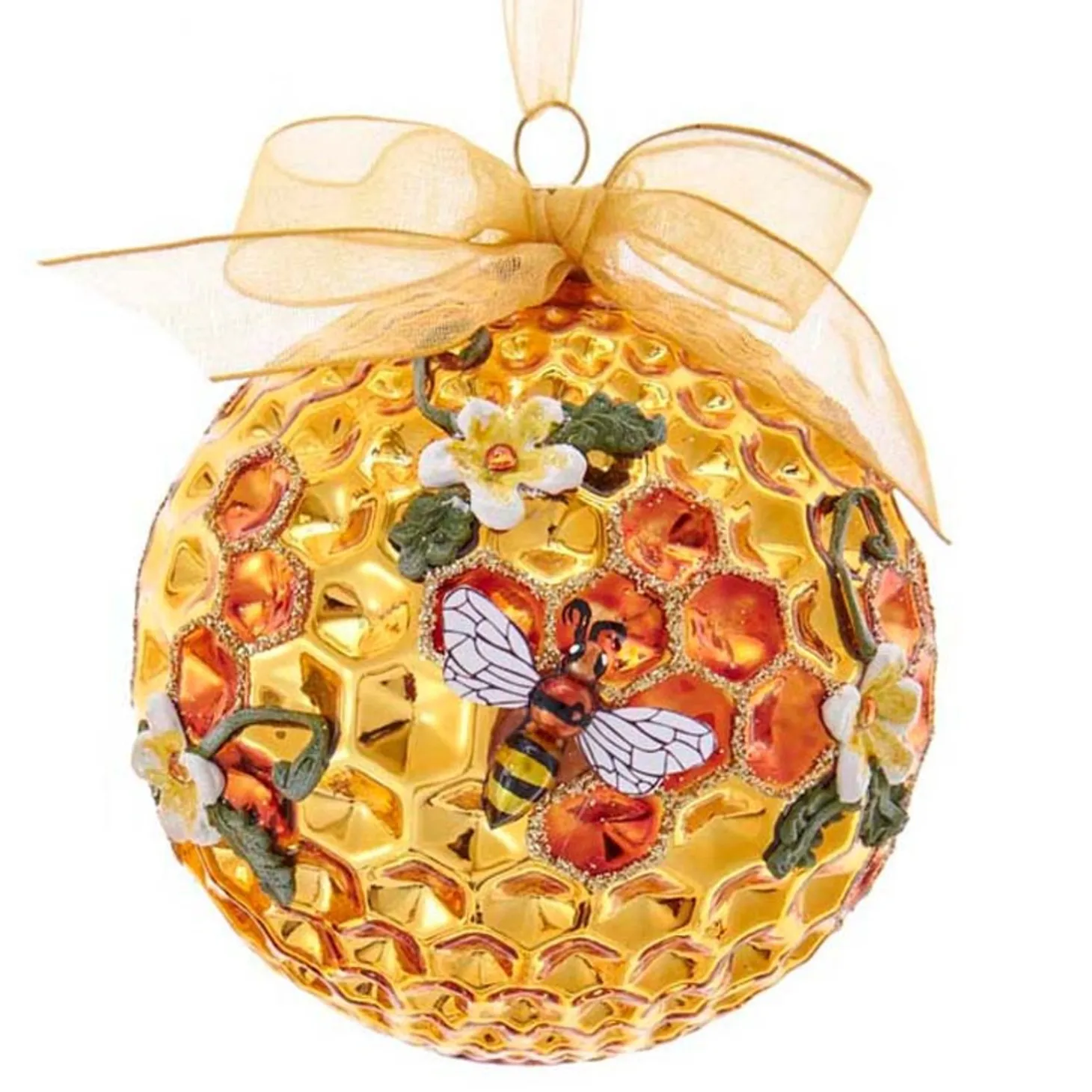 Kurt Adler 3.5" Gold Faceted Honeycomb Bee Glass Christmas Ornament T2702