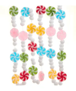 Kurt Adler 6' Peppermint Candy Frosted With Pom Poms Christmas Tree Garland D4597