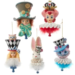 Kurt Adler 6" Set Of 5 Hollywood Hats Alice In Wonderland Hat Christmas Ornaments HAT0007