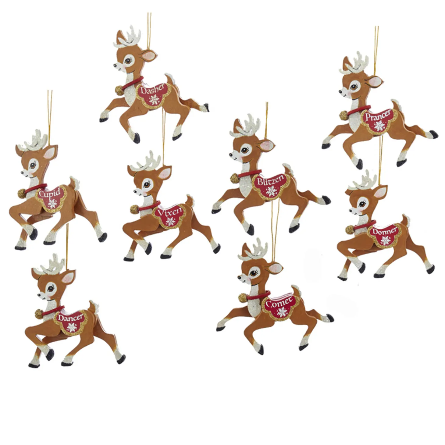 Kurt Adler 4" Wooden Santa's Reindeer Christmas Ornament Set Of 8 C6875