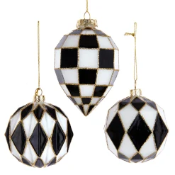 Kurt Adler Black And White Harlequin Ball And Finial Glass Christmas Ornament T3145