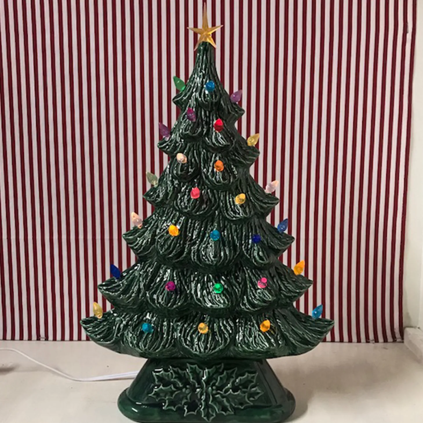 Large Flat Ceramic Lighted Window Or Mantel Christmas Tree 19"