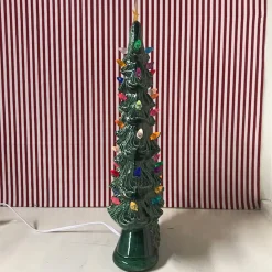 Large Flat Ceramic Lighted Window Or Mantel Christmas Tree 19"