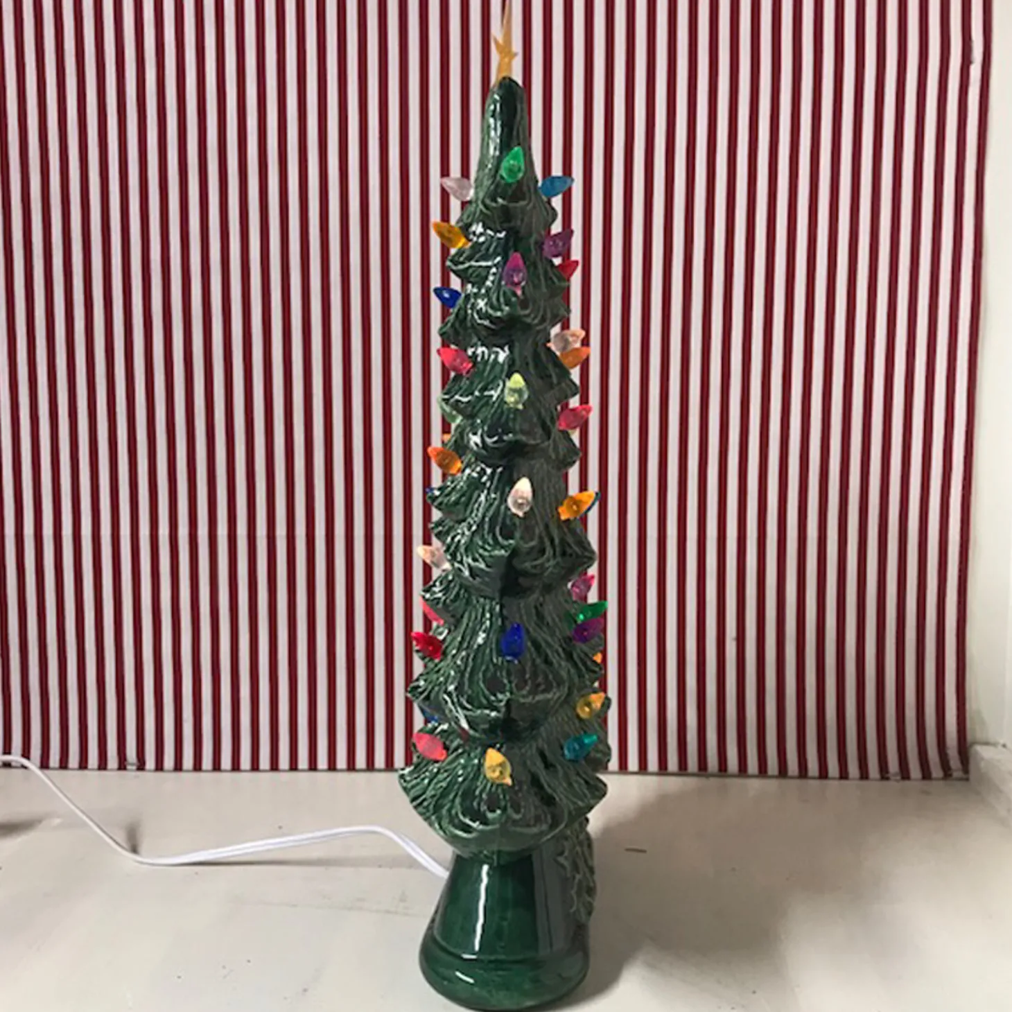 Large Flat Ceramic Lighted Window Or Mantel Christmas Tree 19"