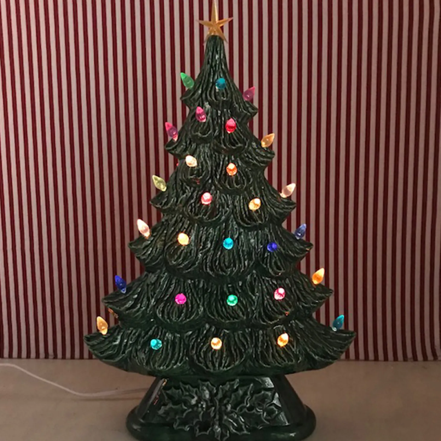 Large Flat Ceramic Lighted Window Or Mantel Christmas Tree 19"