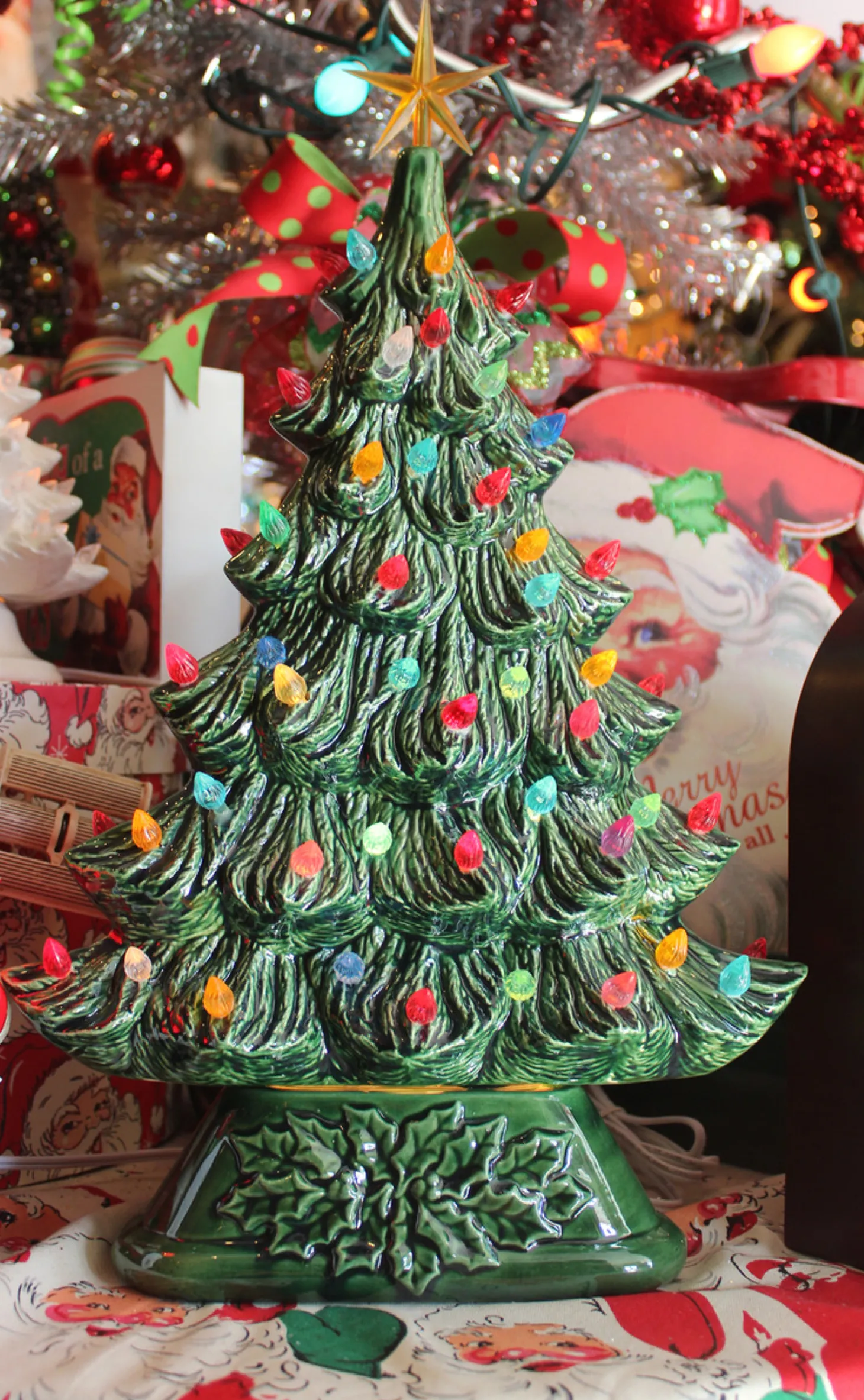 Large Flat Ceramic Lighted Window Or Mantel Christmas Tree 19"