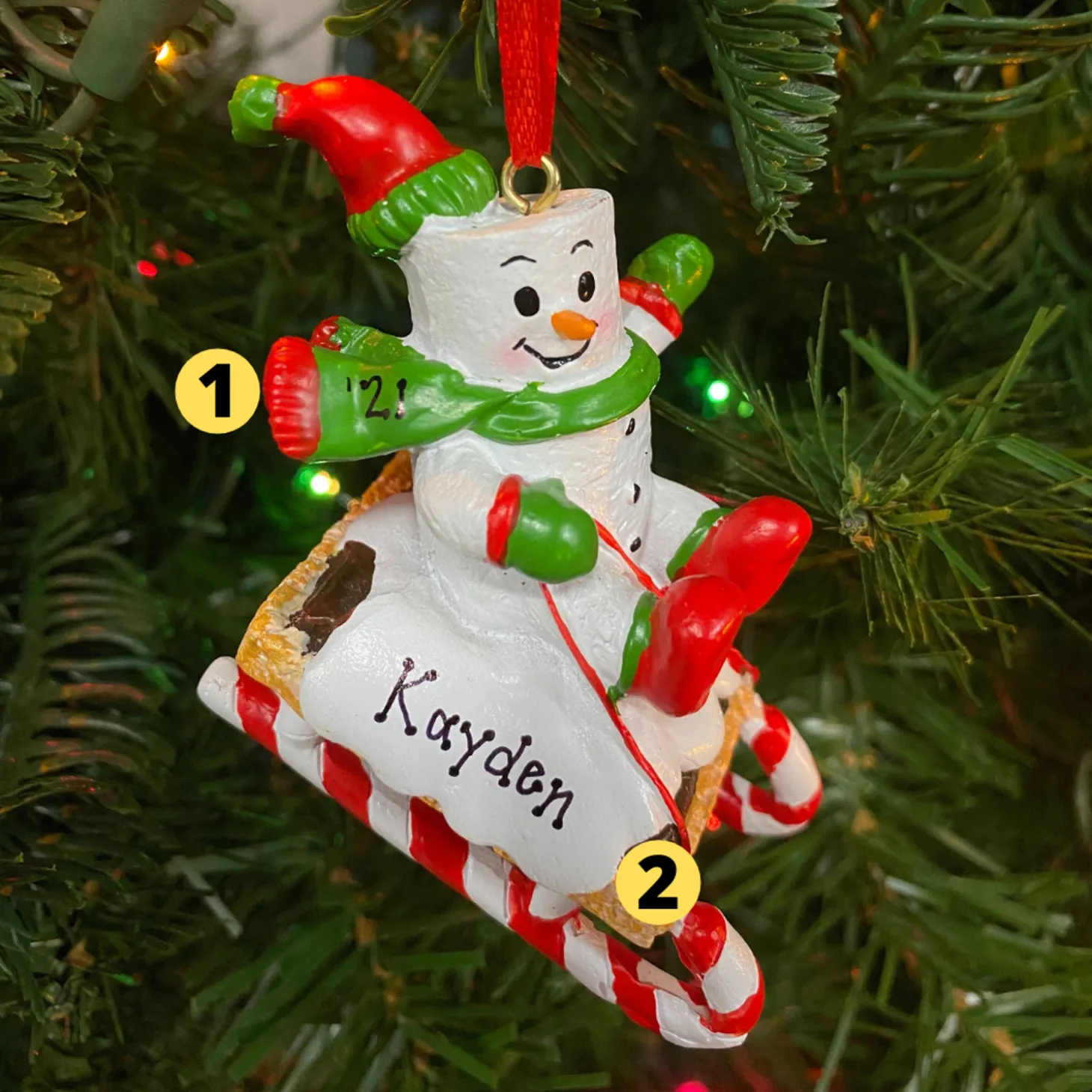 Marshmallow Child On Sled Personalized Christmas Ornament MM20018
