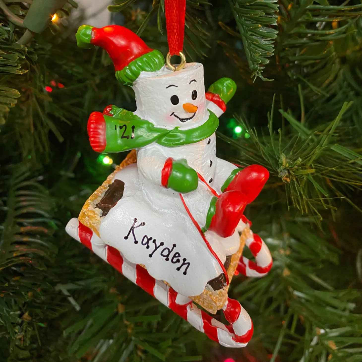 Marshmallow Child On Sled Personalized Christmas Ornament MM20018