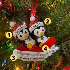 Penguin Couple On Red Sled Personalized Christmas Ornament OR1915-2