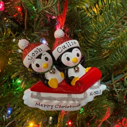 Penguin Couple On Red Sled Personalized Christmas Ornament OR1915-2
