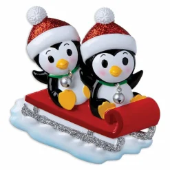 Penguin Couple On Red Sled Personalized Christmas Ornament OR1915-2