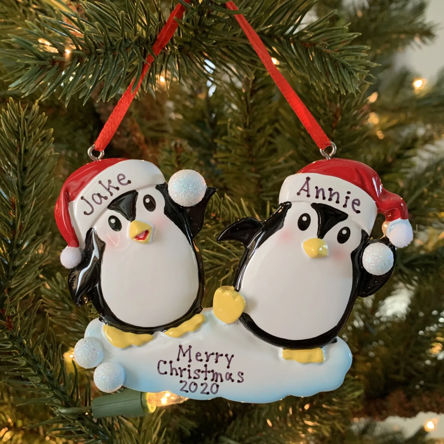 Penguin Couple Throwing Snowballs Personalized Christmas Ornament OR1318