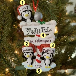 Penguin Family Of 3 At The North Pole Personalized Christmas Ornament OR1739-3