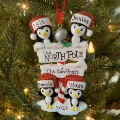 Penguin Family Of 4 At The North Pole Personalized Christmas Ornament OR1739-4