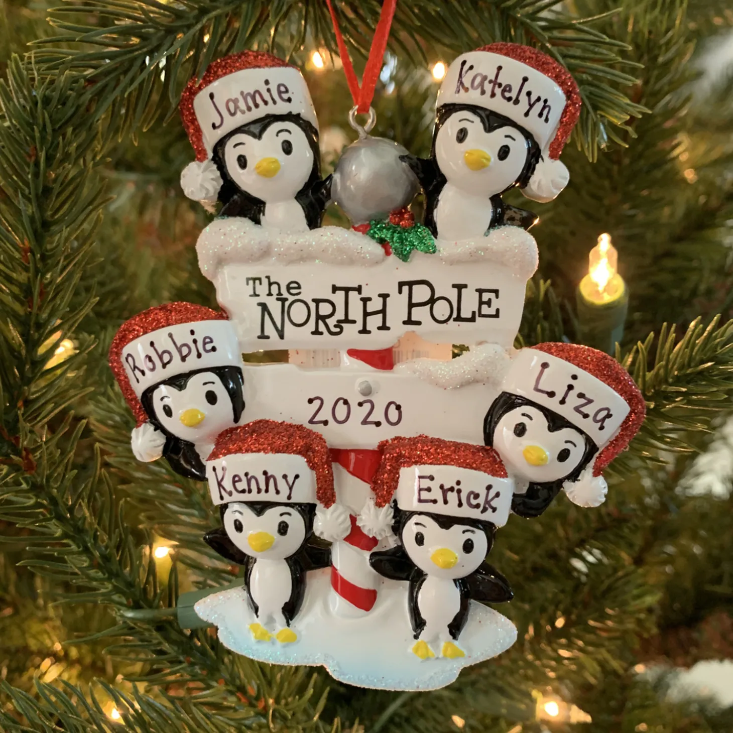 Penguin Family Of 6 At The North Pole Personalized Christmas Ornament OR1739-6