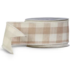 Raz 2.5" Beige And White Gingham Wired Christmas Ribbon R4427735