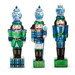 Raz 8" Black Watch Plaid And Delft Nutcracker Glass Christmas Ornaments Set Of 3 4452873