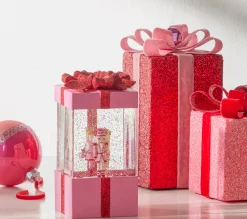 Raz 7.75" Blushing Pink Christmas Present Water Globe With Nutcracker 4400758