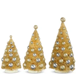 Raz 13" Champagne Dusted Bottle Brush Trees With Ornaments Set Of 3 4316151