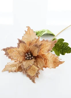 Raz 27" Champagne Gold Velvet Poinsettia Stem Christmas Tree Pick F4306732