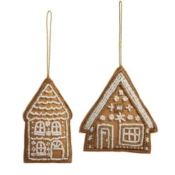 Raz 4.5" Embroidered Gingerbread House Christmas Ornament Set Of 2 4403616