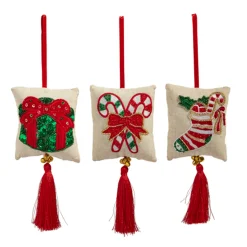 Raz 7.5" Embroidered Tassel Pillow Christmas Ornament Set Of 3 4403623