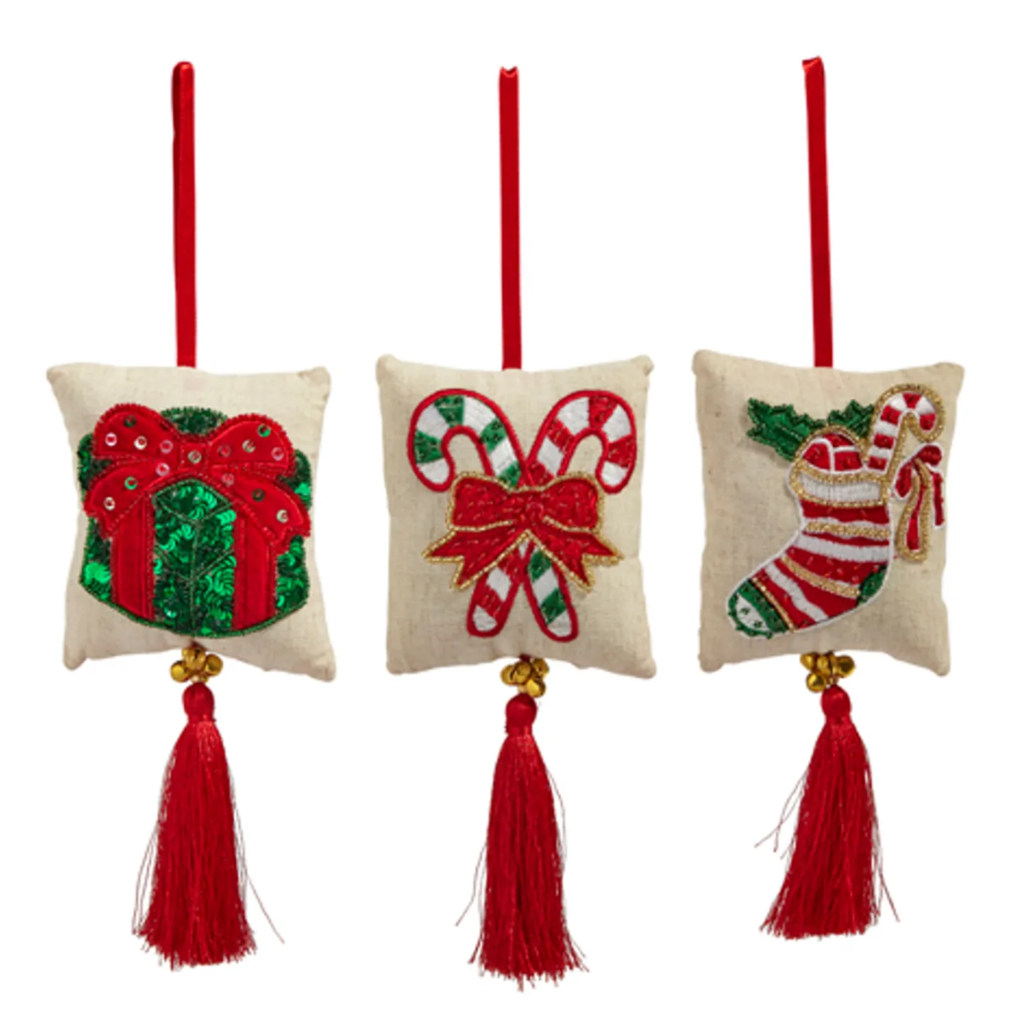 Raz 7.5" Embroidered Tassel Pillow Christmas Ornament Set Of 3 4403623