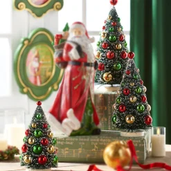 Raz 13" Frosted Bottle Brush Trees With Ornaments Christmas Figure 4316152