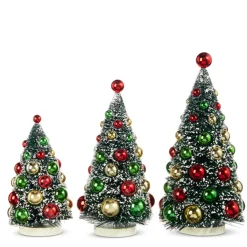 Raz 13" Frosted Bottle Brush Trees With Ornaments Christmas Figure 4316152