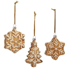 Raz 4" Gingerbread Cookie Snowflakes And Tree Glass Christmas Ornament Set Of 3 4420882