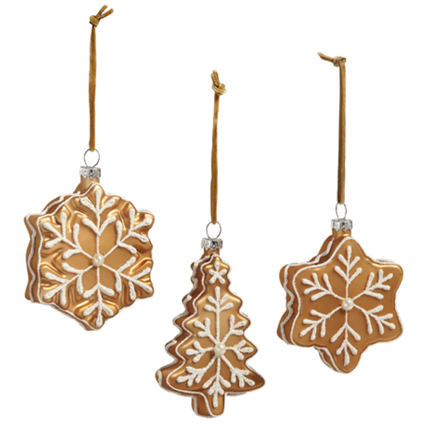 Raz 4" Gingerbread Cookie Snowflakes And Tree Glass Christmas Ornament Set Of 3 4420882