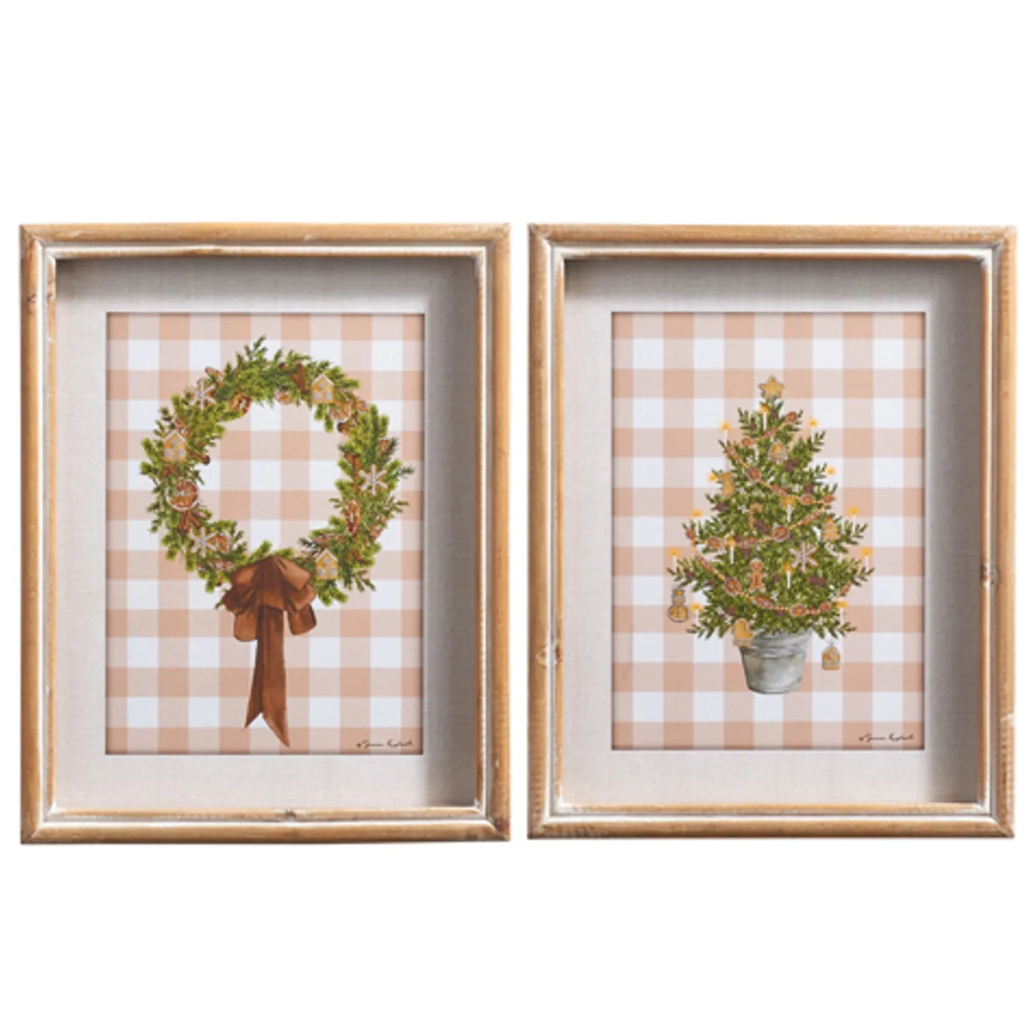 Raz 12" Gingerbread Gingham Greenery Framed Print Set Of 2 Christmas Decoration 4444547