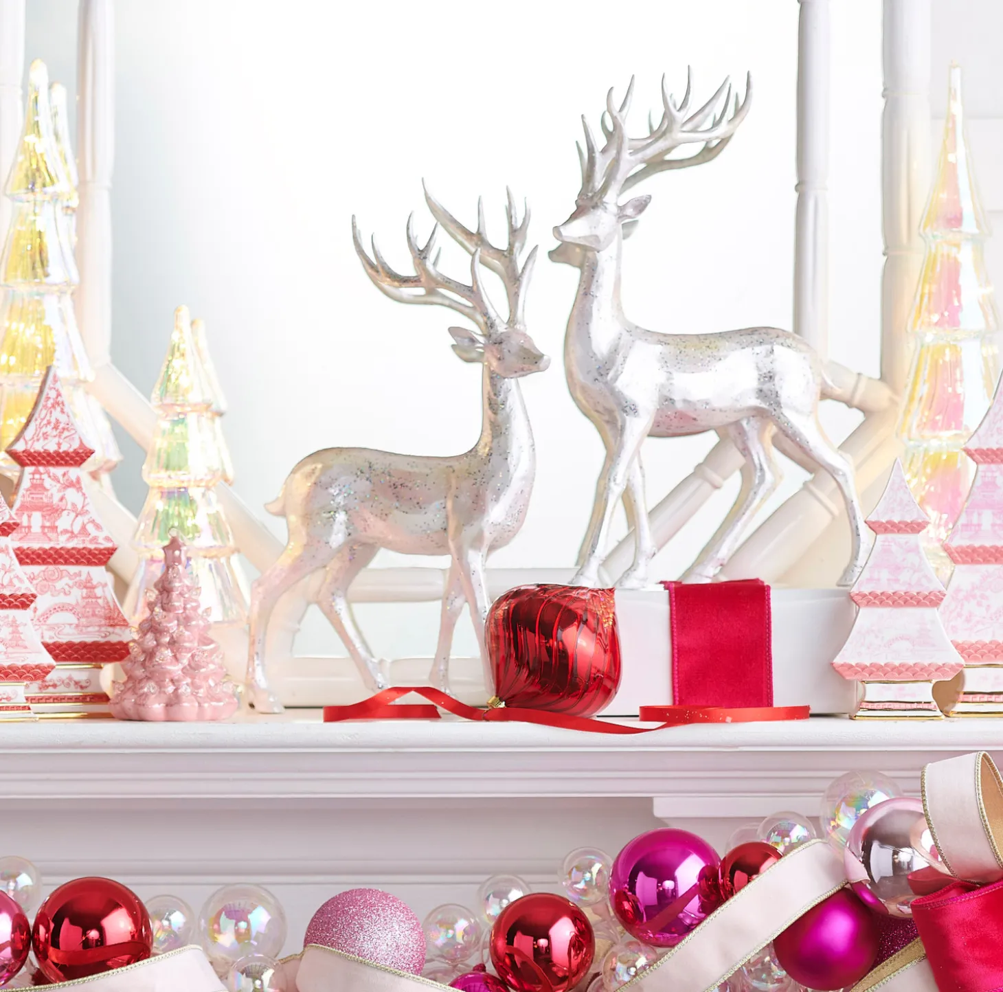 Raz 14" Glittered Silver Deer Christmas Figure Set Of 2 4401655