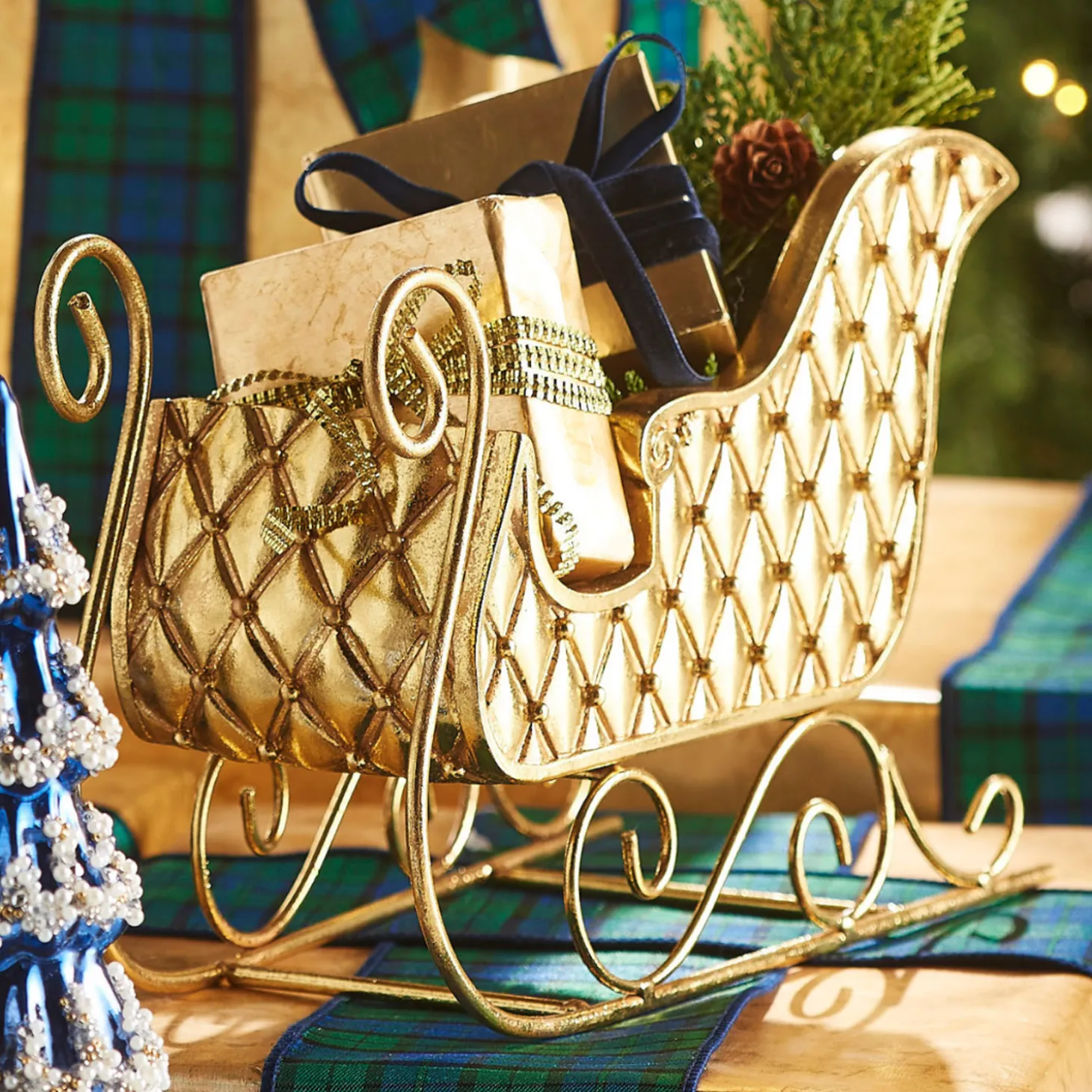 Raz 12" Gold Quilted Sleigh Christmas Figure 4412154