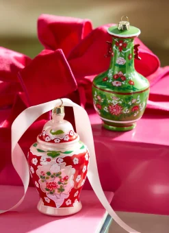 Raz 5" Green And Pink Chinoiserie Jar Glass Christmas Ornament 4352888