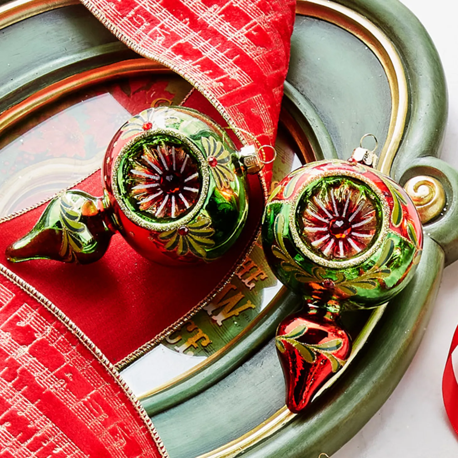 Raz 5" Green And Red Finial Reflector Glass Christmas Ornament 4320017