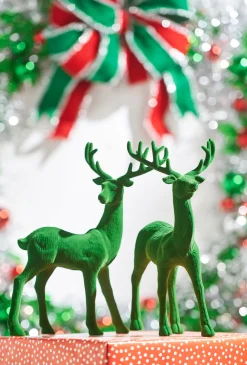 Raz 13" Green Flocked Deer Figures Set Of 2 4432755