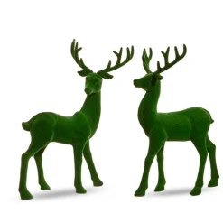 Raz 13" Green Flocked Deer Figures Set Of 2 4432755