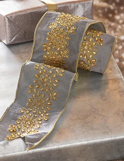 Raz 4" Grey And Gold Embroidered Wired Christmas Ribbon R4171868