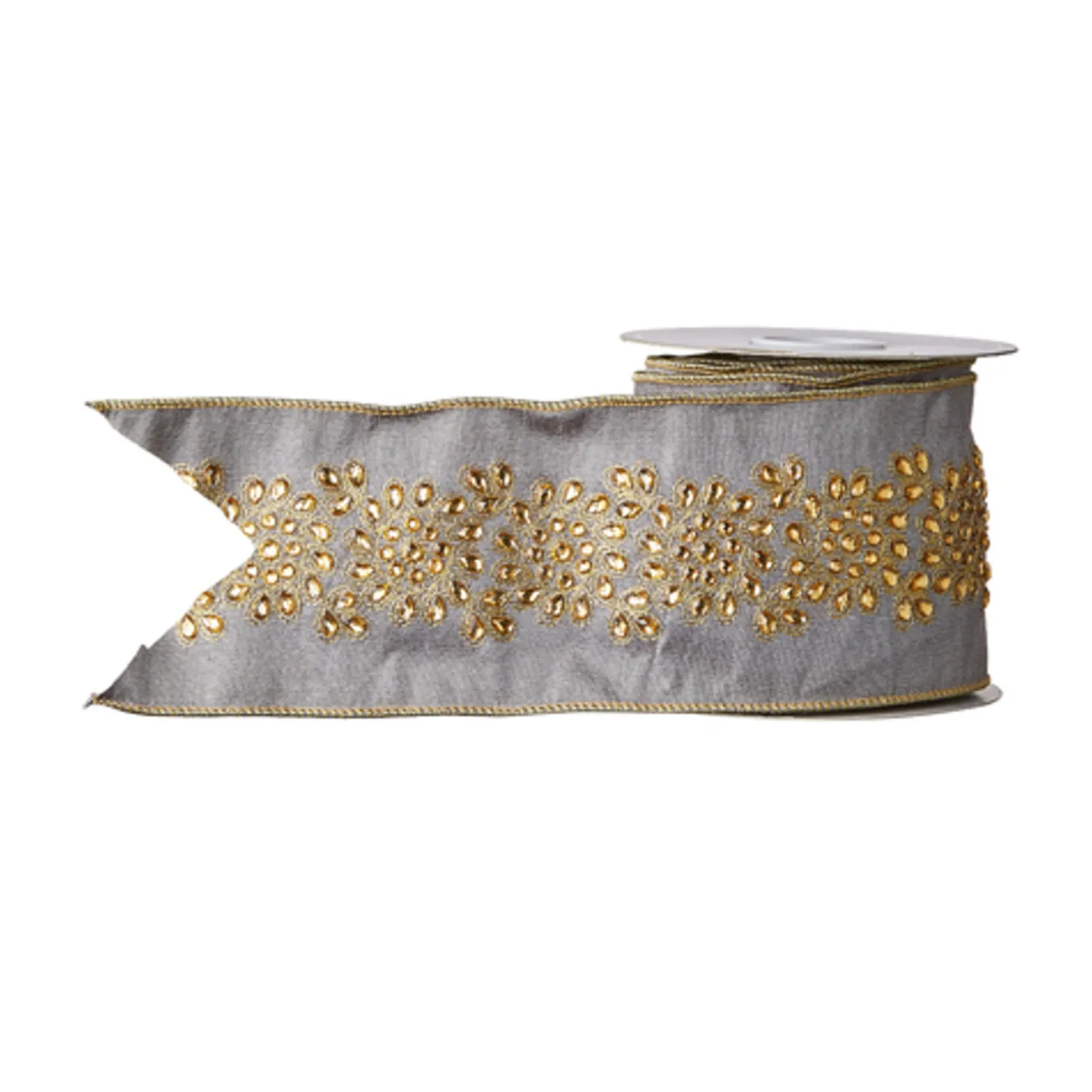 Raz 4" Grey And Gold Embroidered Wired Christmas Ribbon R4171868