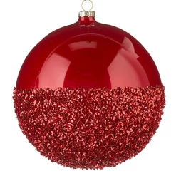 Raz 6" Half Glittered Red Glass Ball Christmas Ornament 4224608