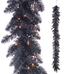Raz 6' Halloween Black Tinsel Garland Pre-lit With Orange Lights G4352022