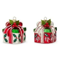 Raz 3" Holly Gift Glass Christmas Ornament Set Of 2 4452890