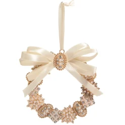 Raz 4.5" Ivory And Gold Vintage Jeweled Brooch Wreath Christmas Ornament 4413506
