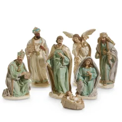 Raz 12" Ivory And Teal Christmas Nativity Scene 7 Piece Set 4457620