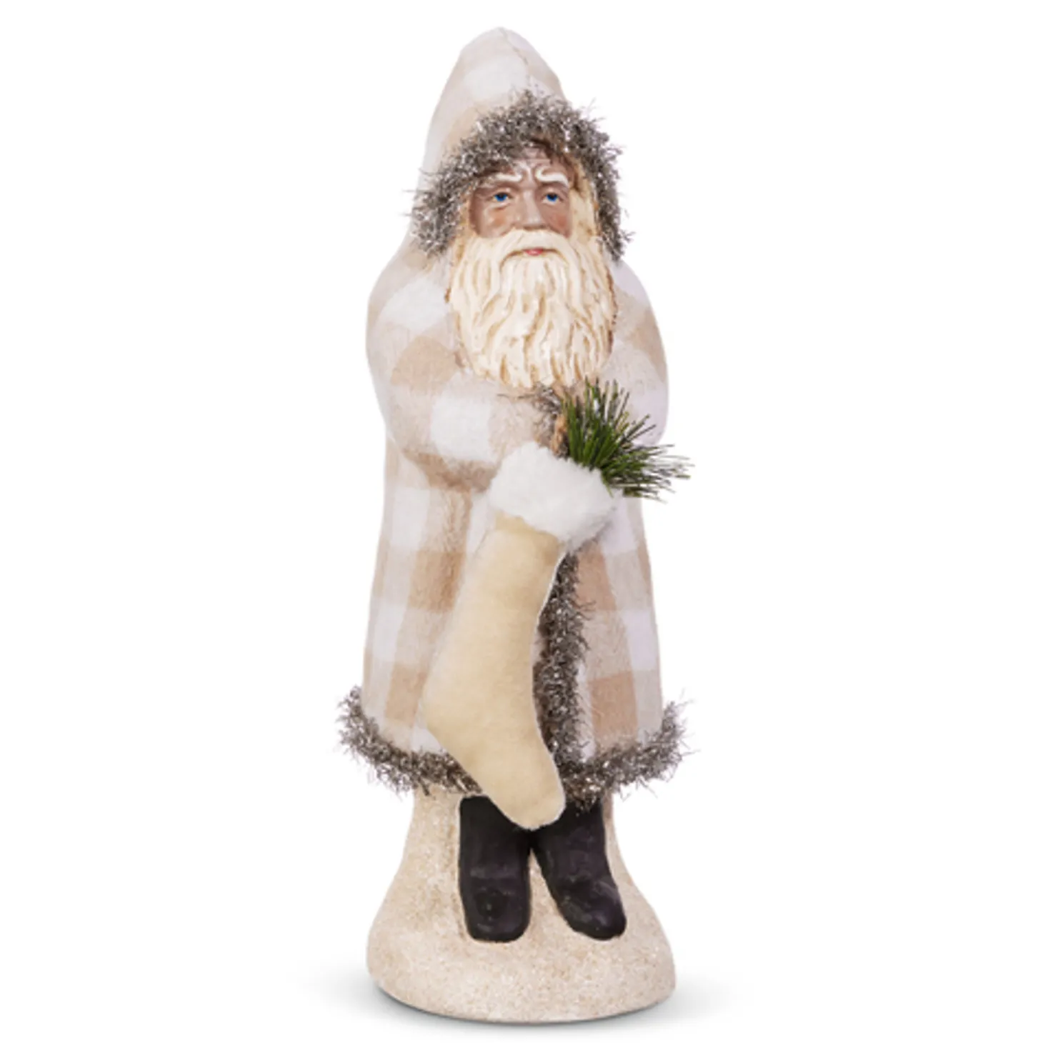 Raz 12" Ivory Gingham Velvet Santa With Stocking Christmas Figure 4419006