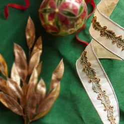 Raz 2.5" Ivory Holly Leaf Wired Christmas Ribbon R4327707