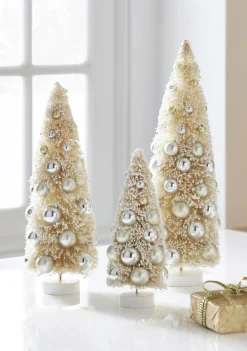 Raz 15" Ivory Snowy Bottle Brush Trees With Ornaments Christmas Decoration Set Of 3 4319029