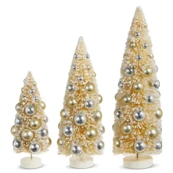 Raz 15" Ivory Snowy Bottle Brush Trees With Ornaments Christmas Decoration Set Of 3 4319029